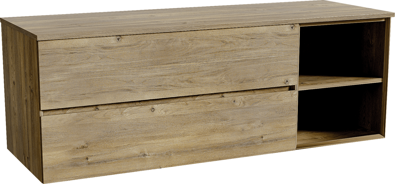 Storke Edge zwevend badmeubel 150 x 52 cm ruw eiken met Panton enkel of dubbel wastafelblad in melamine ruw eiken