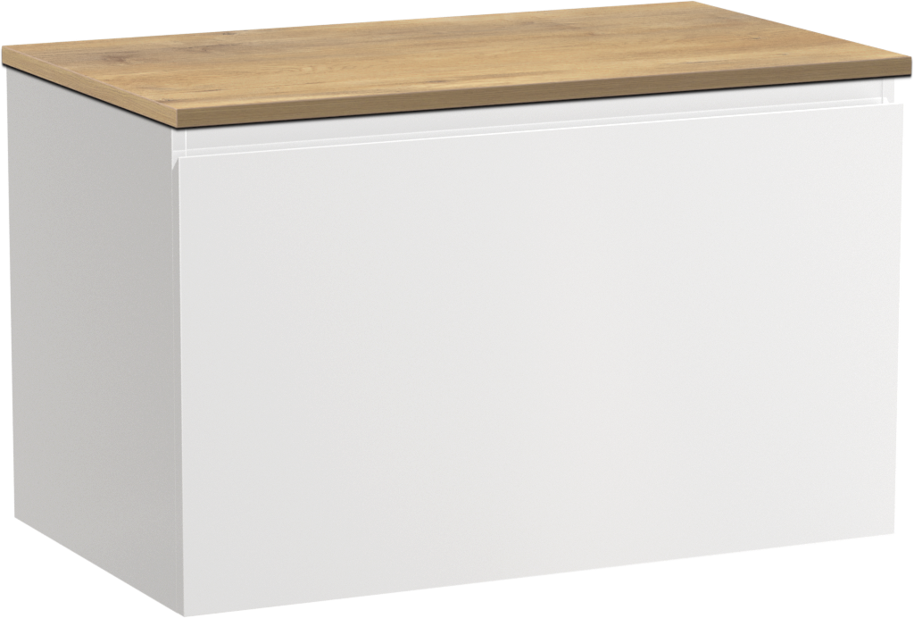 Linie Lado hängendes Möbelstück Set: 80 x 46 cm, Weiß glänzend, mit Lado Einzel Waschtischplatte, Melamin Naturbelassene Eiche