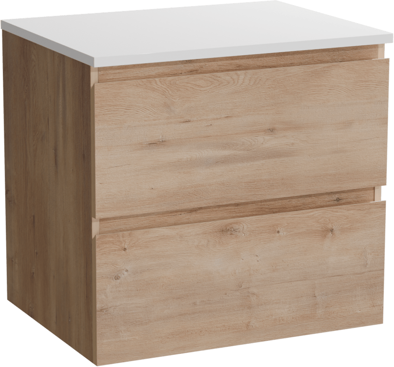 Linie Lado hängendes Möbelstück Set: 60 x 46 cm, Naturbelassene Eiche, mit Lado Einzel Waschtischplatte, Marmorkomposit Weiß matt