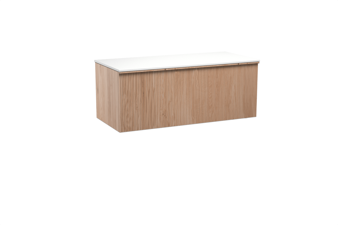 Balmani Forma zwevend badkamermeubel 120 x 55 cm natuur eik met Stretto enkel of dubbel tablet in solid surface mat wit, Verticale symmetrische rechte ribbel