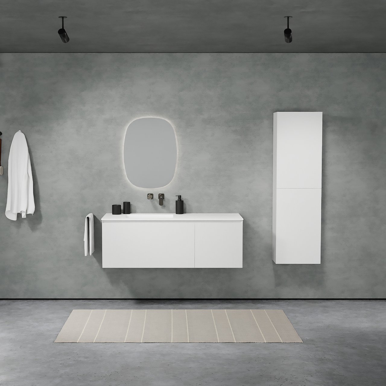 Balmani Idra hängendes Möbelstück Set: 135 x 55 cm, Weiß matt, mit Tablo Arcato Waschtisch links, Solid Surface Weiß matt