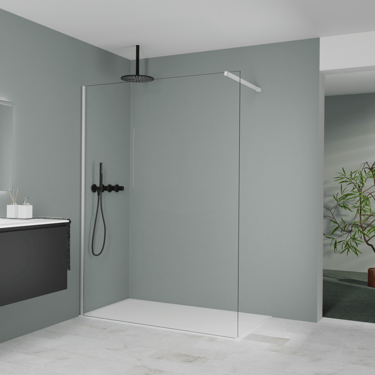 Balmani Modular douche à l'italienne: 150 x 200 cm, Verre transparent, Profil Blanc mat