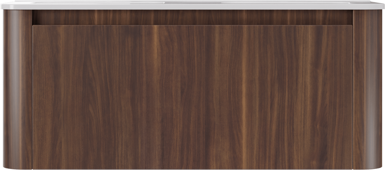 Storke Soft zwevend badkamermeubel 120 x 46 cm notelaar met Kera Soft dubbele wastafel in porselein glanzend wit