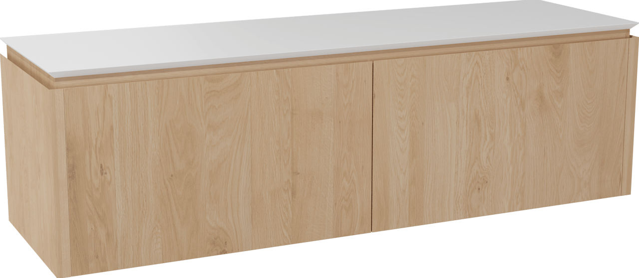 Balmani Eclips meuble salle de bains suspendu 180 x 55 cm Chêne naturelle avec Eclips tablette simple ou double vasque en Solid Surface blanc mat