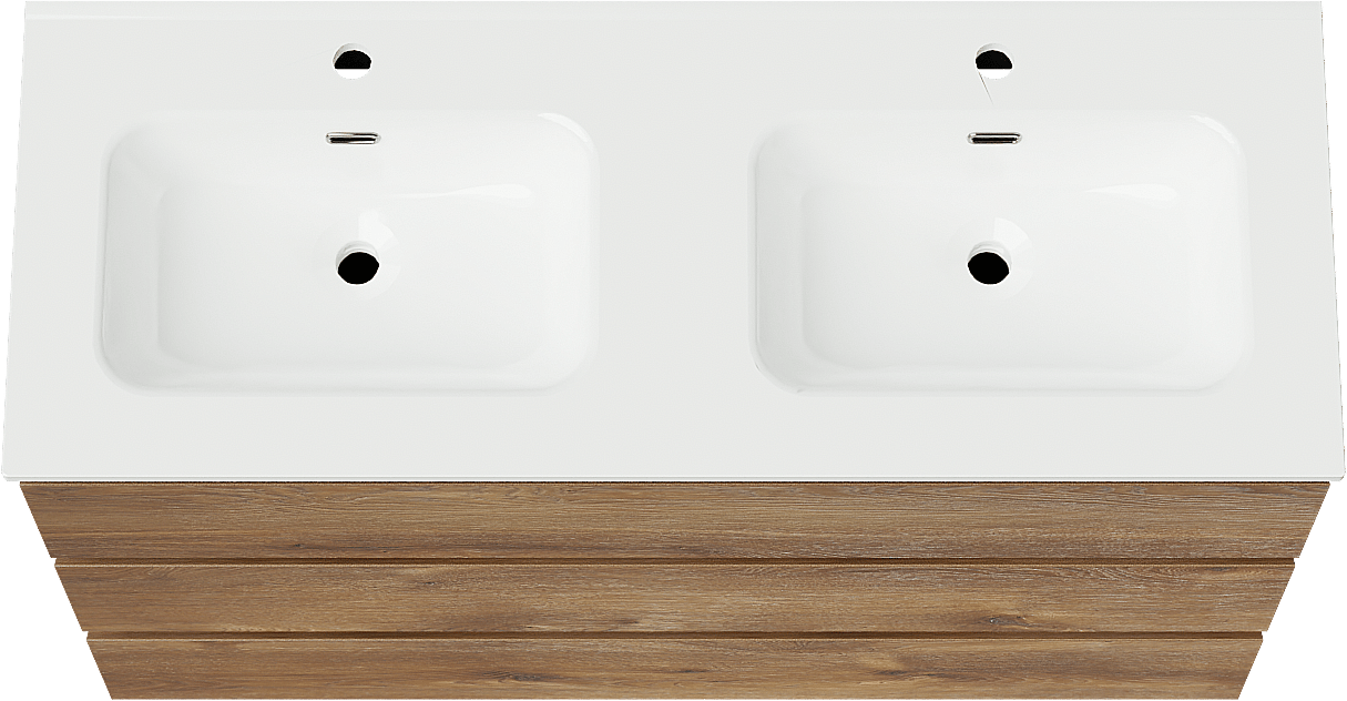 Linie Lado meuble salle de bains à poser 120 x 46 cm chêne brun avec Baro double vasque en porcelaine blanc brillant