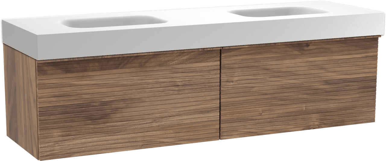 Balmani Forma zwevend badkamermeubel 180 x 55 cm amerikaanse notelaar met Arcato dubbele wastafel in solid surface mat wit, Horizontale symmetrische rechte ribbel