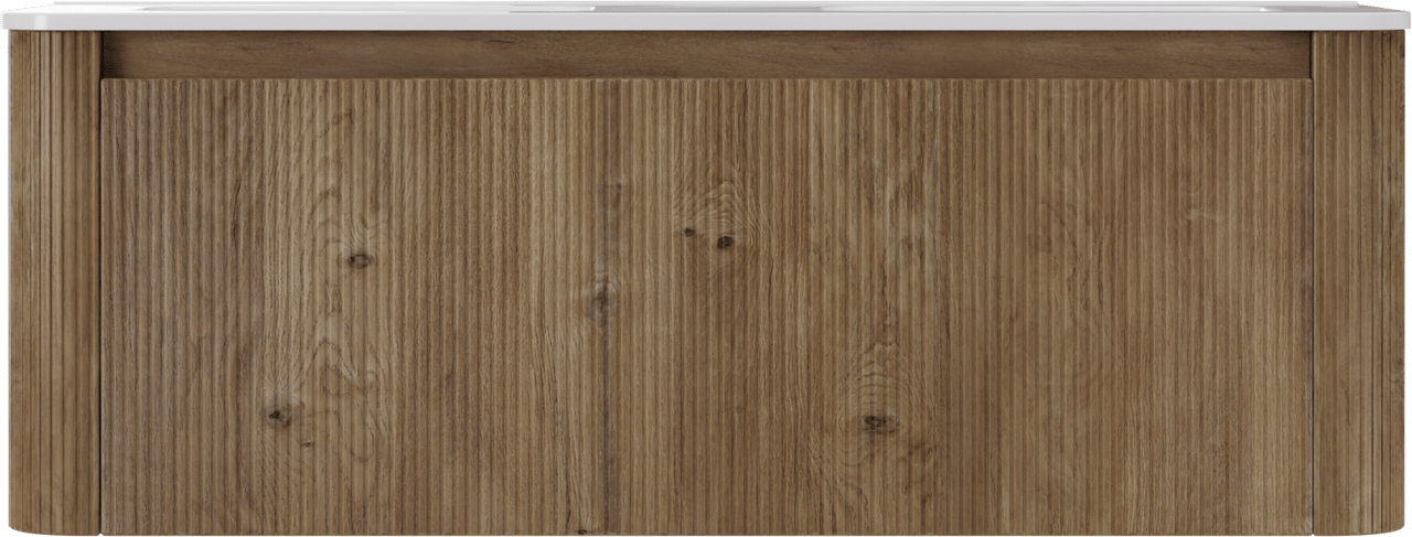 Storke Soft meuble salle de bains suspendu 140 x 46 cm chêne brut avec Kera Soft double vasque en porcelaine blanc brillant, Nervure droite symétrique verticale