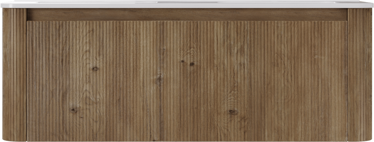 Storke Soft zwevend badkamermeubel 140 x 46 cm ruwe eik met Kera Soft dubbele wastafel in porselein glanzend wit, Verticale symmetrische rechte ribbel