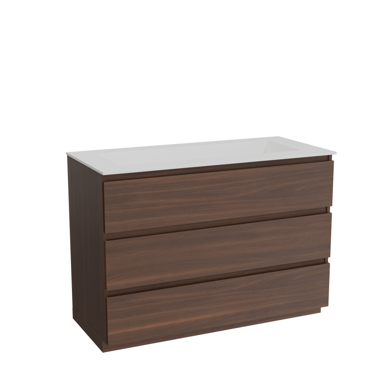 Balmani Lucida freistehendes Möbelstück Set: 120 x 55 cm, Amerikanischer Nussbaum, mit Tablo Stretto Einzelwaschtisch für 2 Armaturenlöcher, Solid Surface Weiß matt