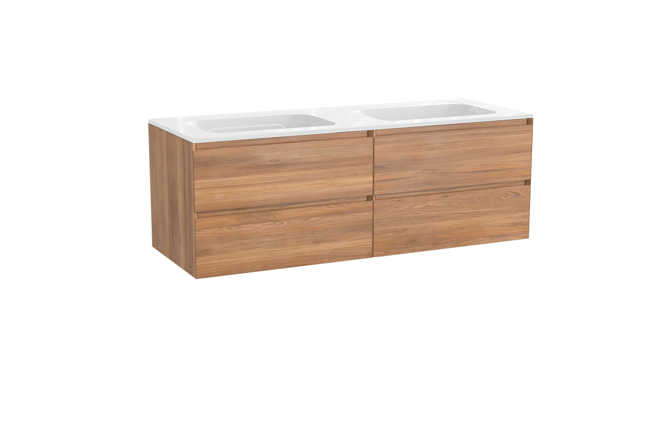 Balmani Mitra meuble salle de bains suspendu 150 x 55 cm teck avec Tablo Strada double vasque en marbre composite blanc brillant