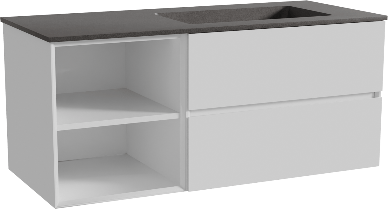 Storke Edge zwevend badmeubel 120 x 52 cm hoogglans wit met Scuro asymmetrisch rechtse wastafel in kwarts mat zwart