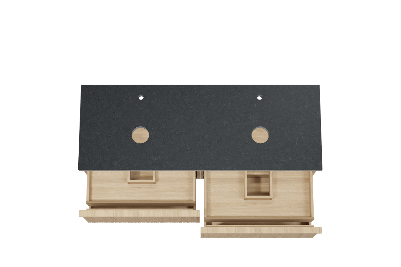 Balmani Forma hängendes Möbelstück Set: 150 x 55 cm, Naturbelassene Eiche, mit Rock Doppel Waschtischplatte, Granit, Schwarzes Granit, Vertikale asymmetrische Runde Rippe