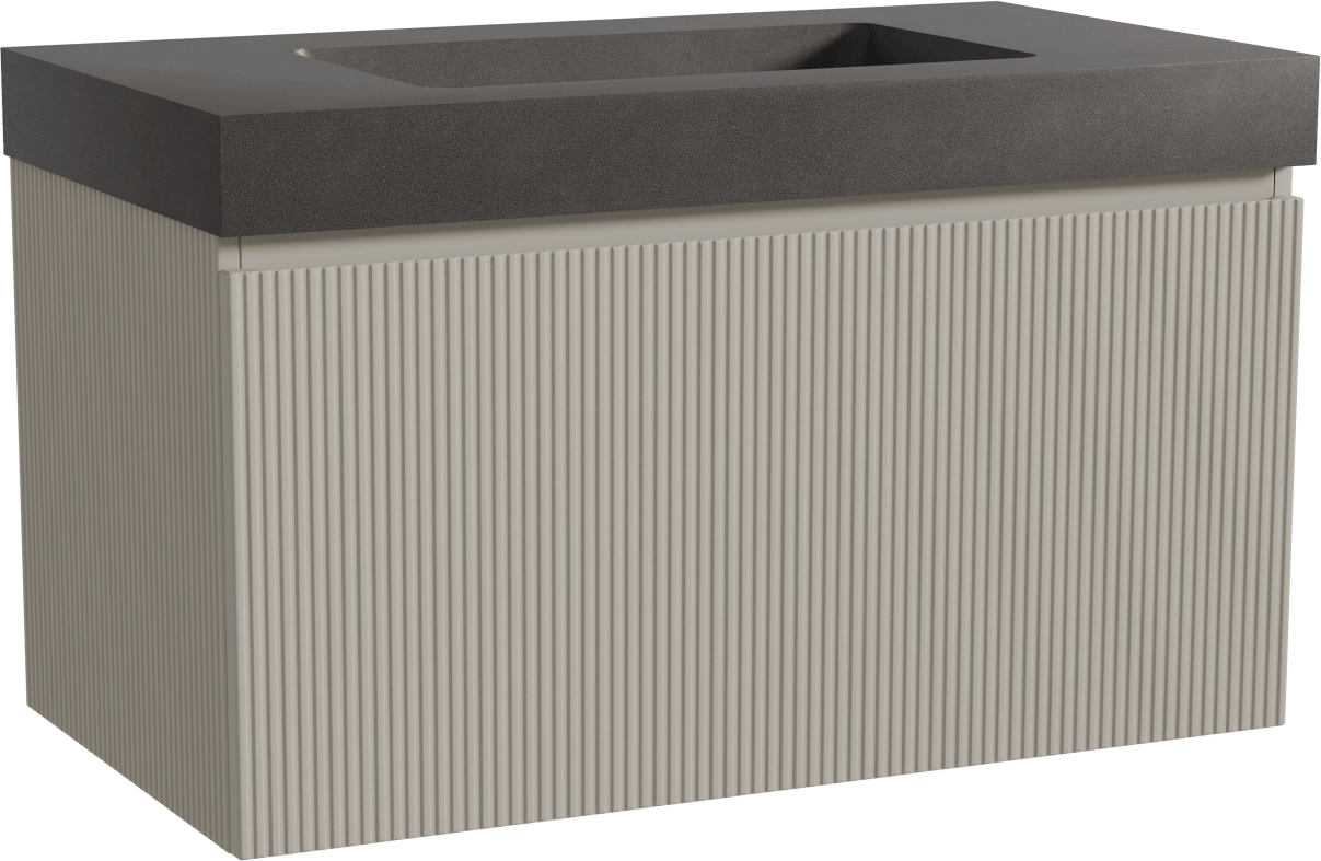 Storke Ribs zwevend badmeubel 95 x 52 cm zijdegrijs met Scuro High enkele wastafel in kwarts mat zwart, Verticale symmetrische rechte ribbel