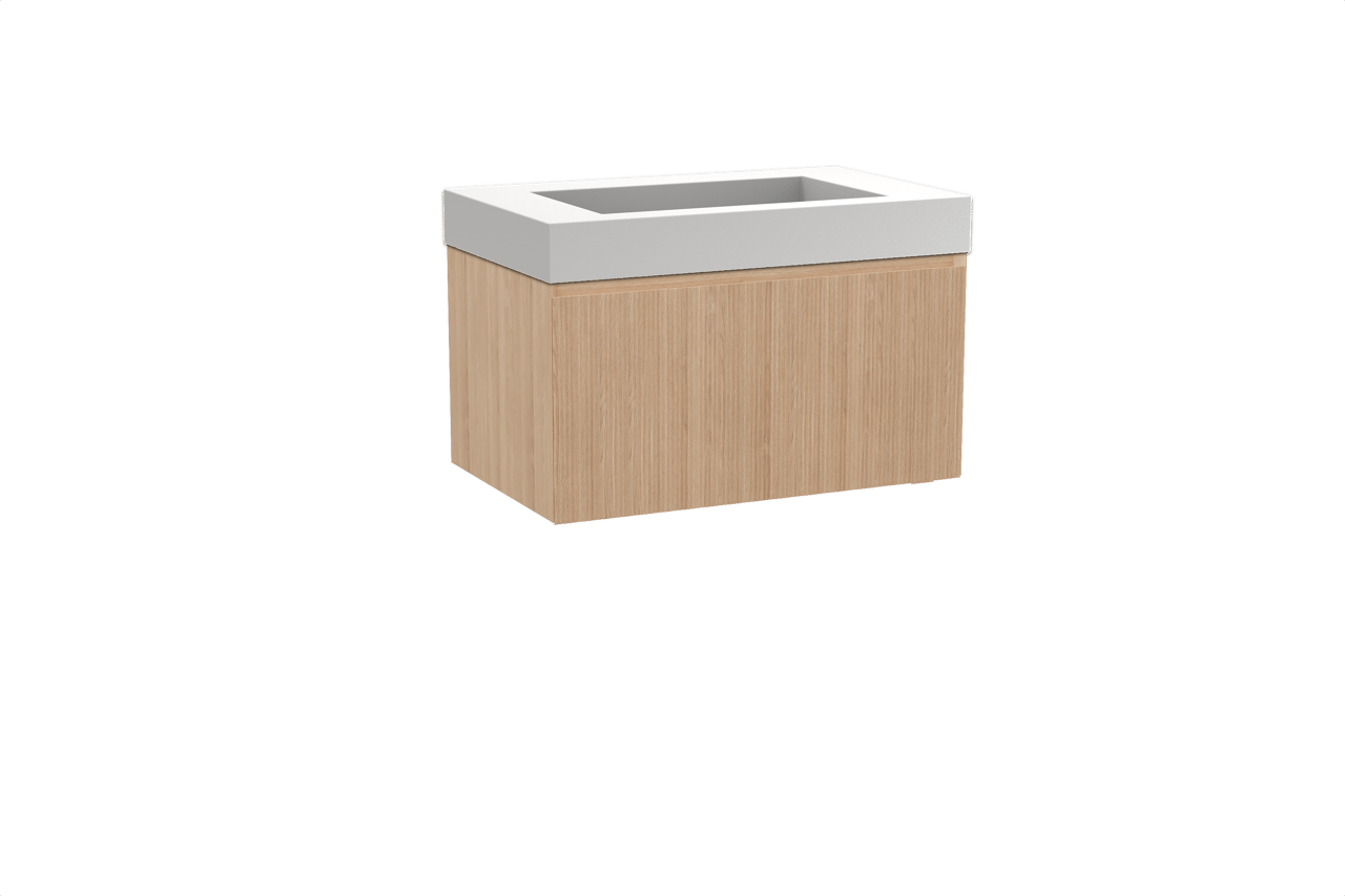 Balmani Fila hängendes Möbelstück Set: 90 x 55 cm, Naturbelassene Eiche, mit Modus Einzelwaschtisch, Solid Surface, Weiß matt, Vertikale symmetrische gerade Rippe