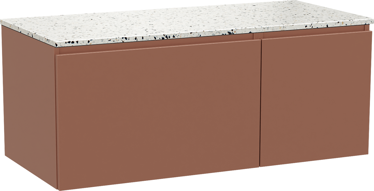 Balmani Sfera zwevend badkamermeubel 120 x 55 cm cotto met Stretto enkel of dubbel tablet in mat wit/zwart terrazzo