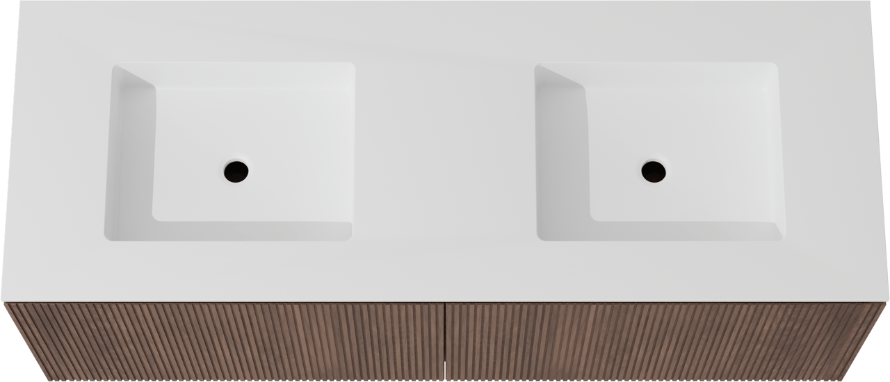 Balmani Eclips meuble salle de bains suspendu 150 x 55 cm Noyer américain avec Tablo Stretto double vasque en Solid Surface blanc mat, Nervure droite symétrique verticale