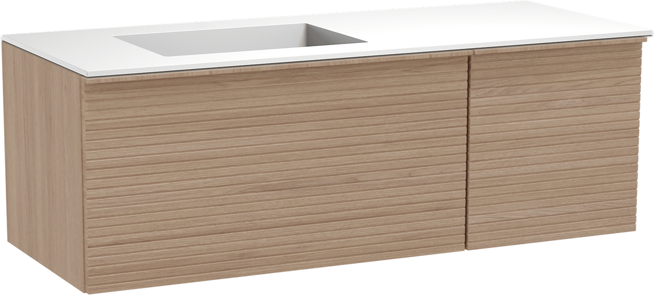 Balmani Forma hängendes Möbelstück Set: 135 x 55 cm, Naturbelassene Eiche, mit Tablo Stretto Waschtisch links, Solid Surface, Weiß matt, Horizontale symmetrische gerade Rippe