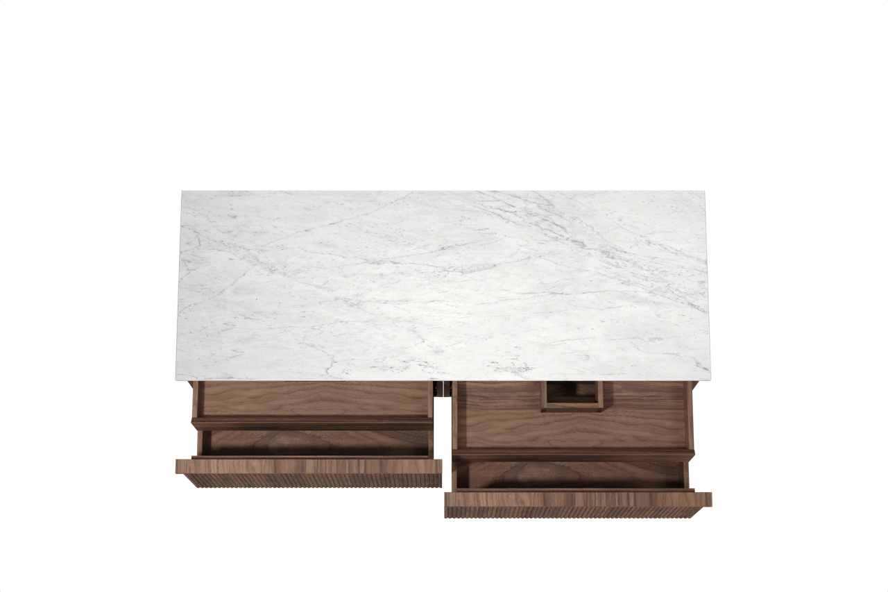 Balmani Forma meuble salle de bains suspendu 150 x 55 cm noyer américain avec Stretto tablette simple ou double en marbre carrara, Nervure droite symétrique verticale