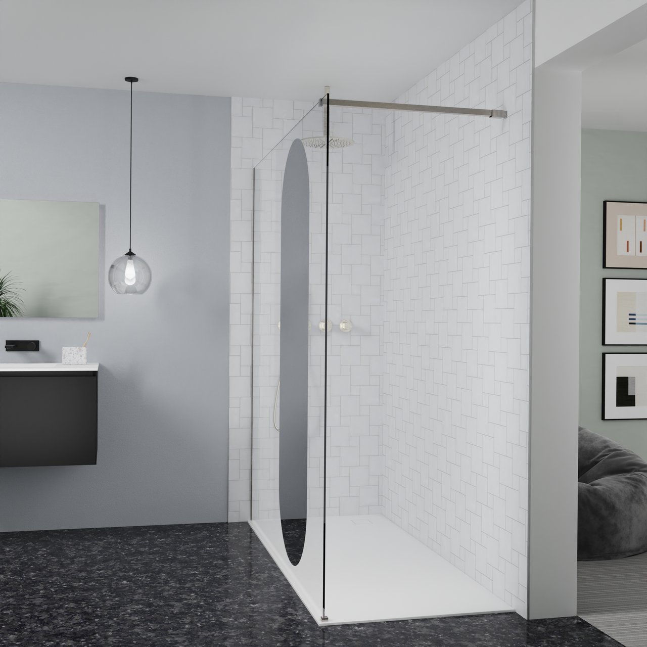 Balmani Modular inloopdouche: 180 x 200 cm, Reflex ovaal spiegelglas, Brushed CoolMetal profielen