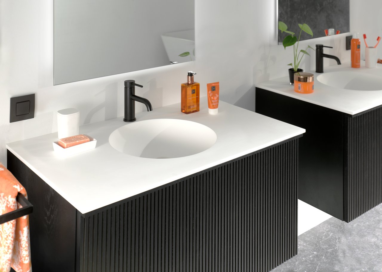 Balmani Forma zwevende wastafelonderkast 90 x 55 cm zwarte eik 2 lades vert. sym. groef