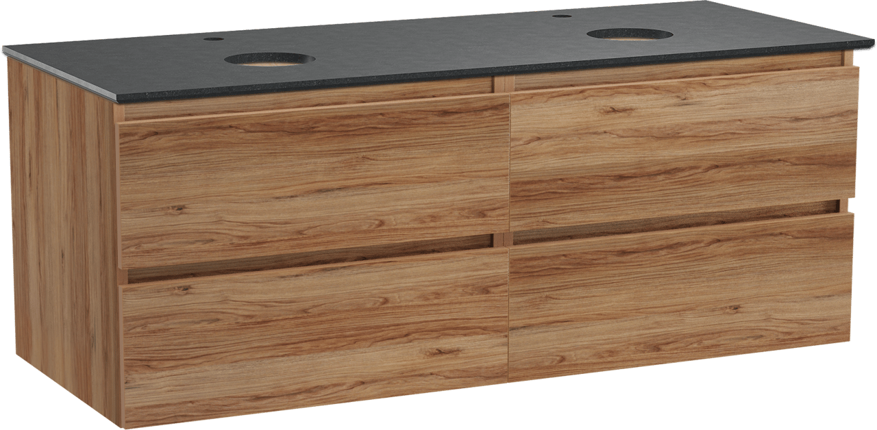 Balmani Lucida zwevend badkamermeubel 135 x 55 cm teak met Facetta dubbel tablet in graniet zwart
