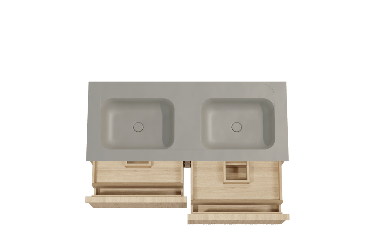 Balmani Forma hängendes Möbelstück Set: 135 x 55 cm, Naturbelassene Eiche, mit Tablo Strada Doppelwaschtisch, Marmorkomposit, Seidengrau, Vertikale asymmetrische Runde Rippe