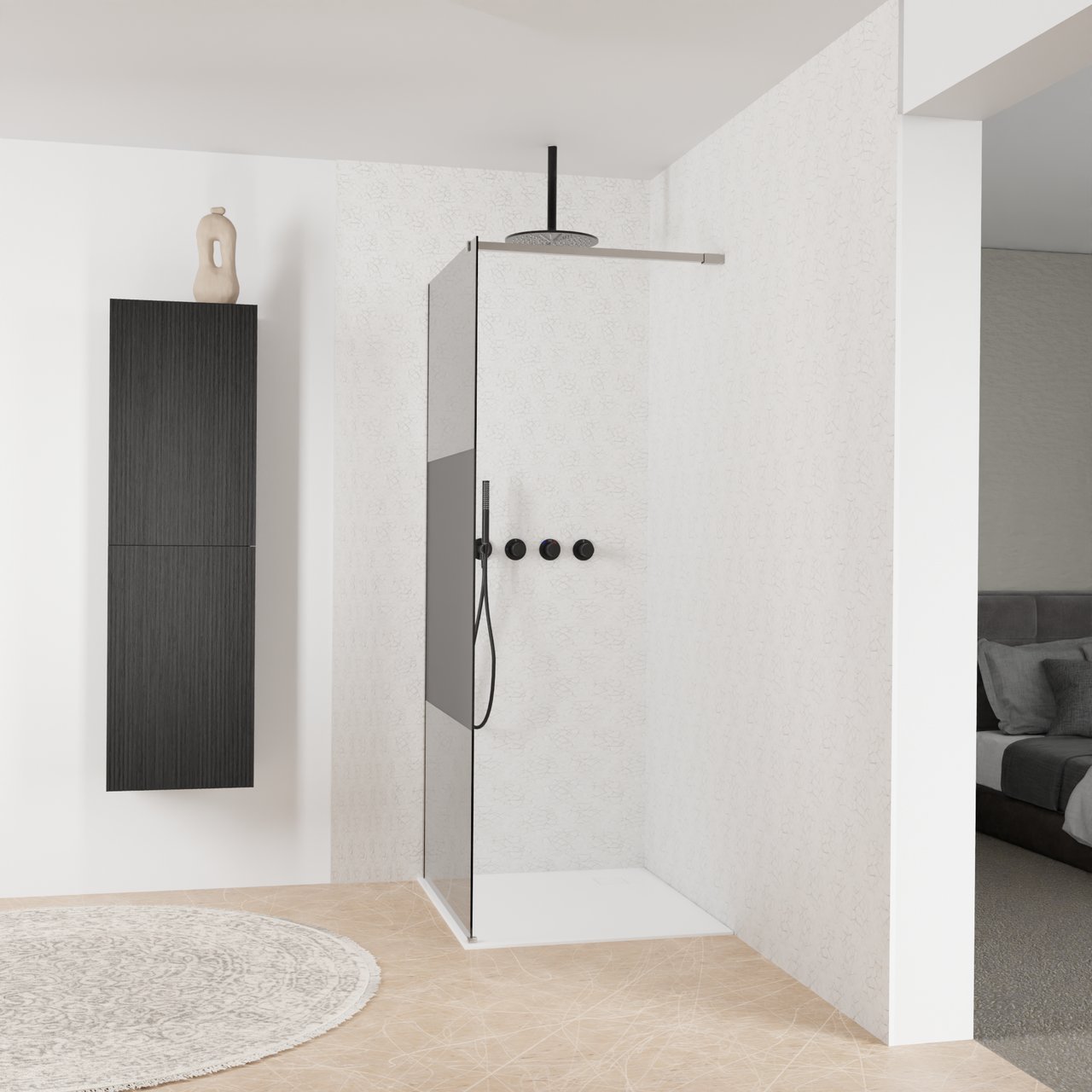 Balmani Modular douche à l'italienne: 90 x 200 cm, Verre fumé avec bande mate, Profil Brushed Inox