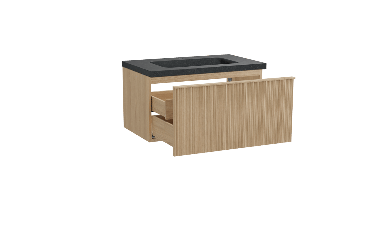 Balmani Forma zwevend badkamermeubel 90 x 55 cm natuur eik met Napoli enkele wastafel in graniet zwart, Verticale asymmetrische ronde ribbel