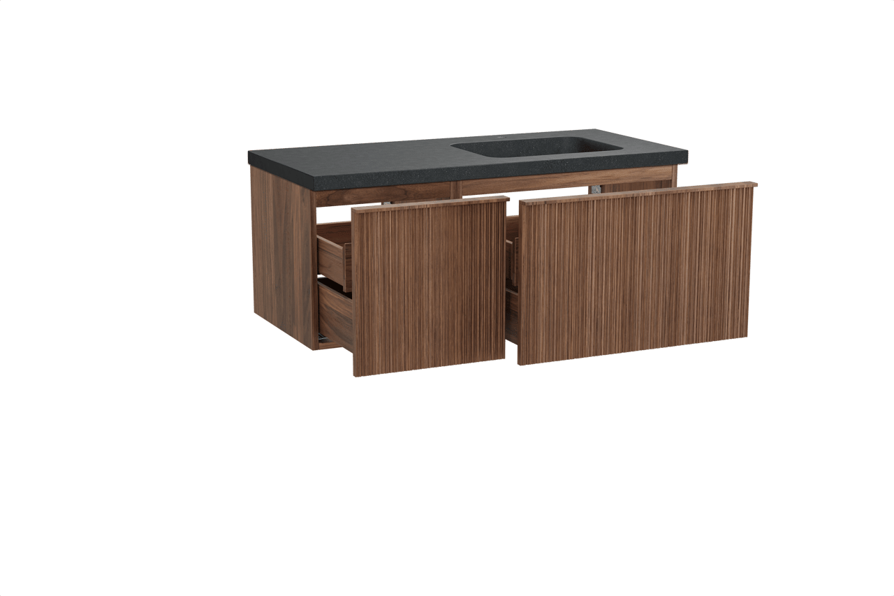 Balmani Forma zwevend badmeubel 120 x 55 cm amerikaans notenhout met Napoli asymmetrisch rechtse wastafel in zwart graniet, Verticale asymmetrische ronde ribbel