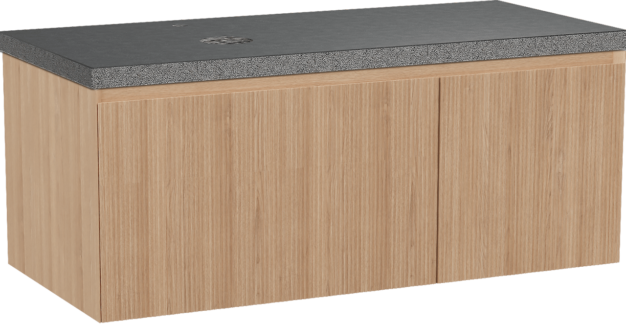 Balmani Fila hängendes Möbelstück Set: 120 x 55 cm, Naturbelassene Eiche, mit Rock Waschtisch links, Granit, Schwarzes Granit, Vertikale symmetrische gerade Rippe
