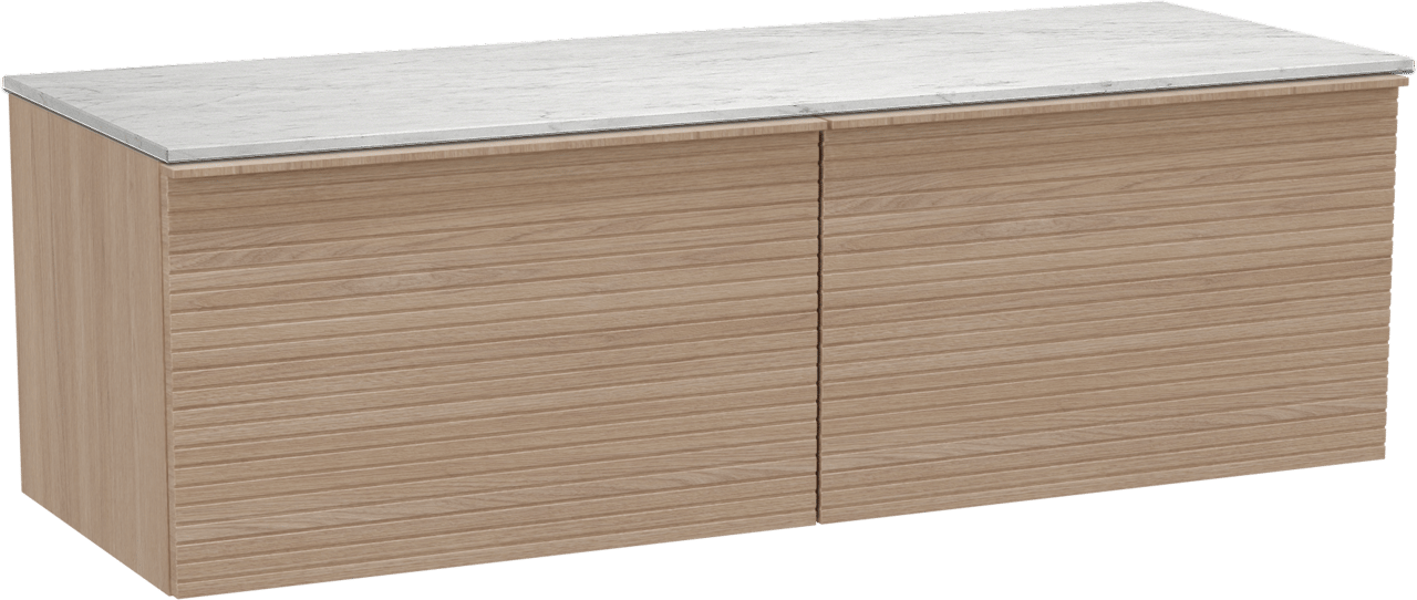 Balmani Forma zwevend badkamermeubel 150 x 55 cm natuur eik met Stretto enkel of dubbel tablet in marmer carrara, Horizontale symmetrische rechte ribbel