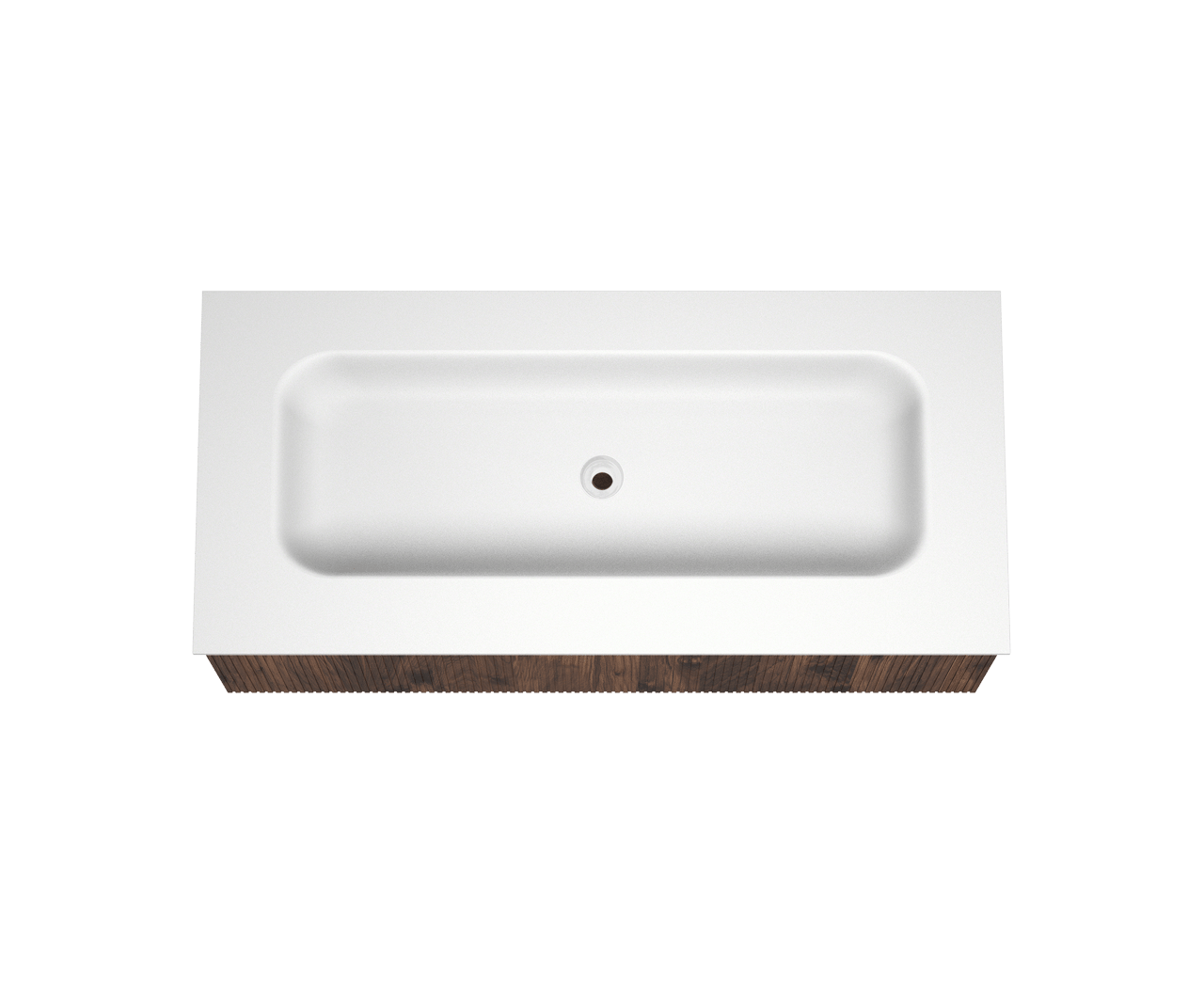 Balmani Forma hängendes Möbelstück Set: 120 x 55 cm, Amerikanischer Nussbaum, mit Tablo Arcato Einzelwaschtisch für 2 Armaturenlöcher, Solid Surface, Weiß matt, Vertikale symmetrische gerade Rippe