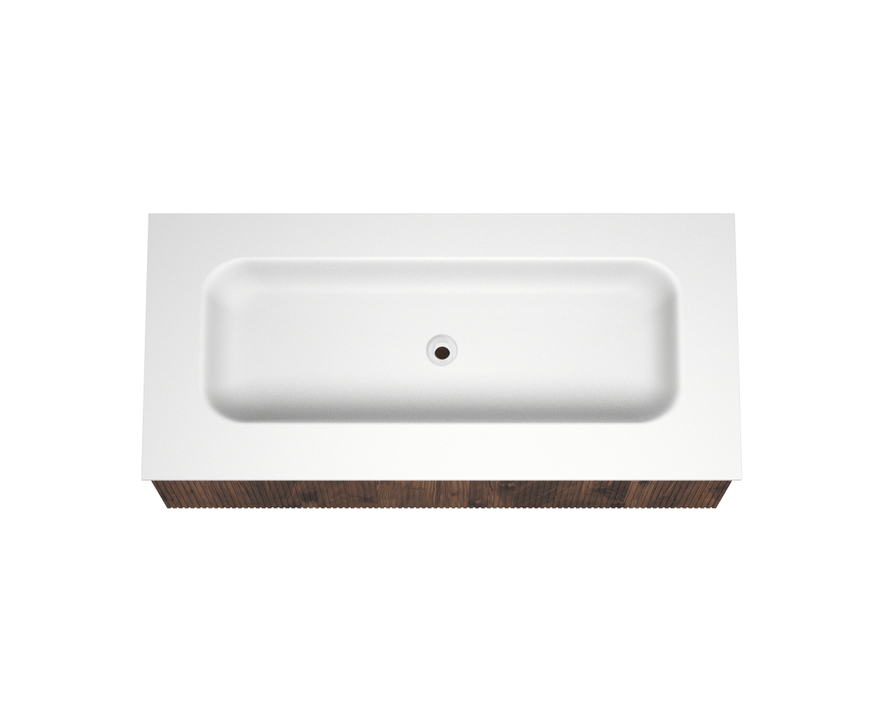 Balmani Forma hängendes Möbelstück Set: 120 x 55 cm, Amerikanischer Nussbaum, mit Tablo Arcato Einzelwaschtisch für 2 Armaturenlöcher, Solid Surface, Weiß matt, Vertikale symmetrische gerade Rippe