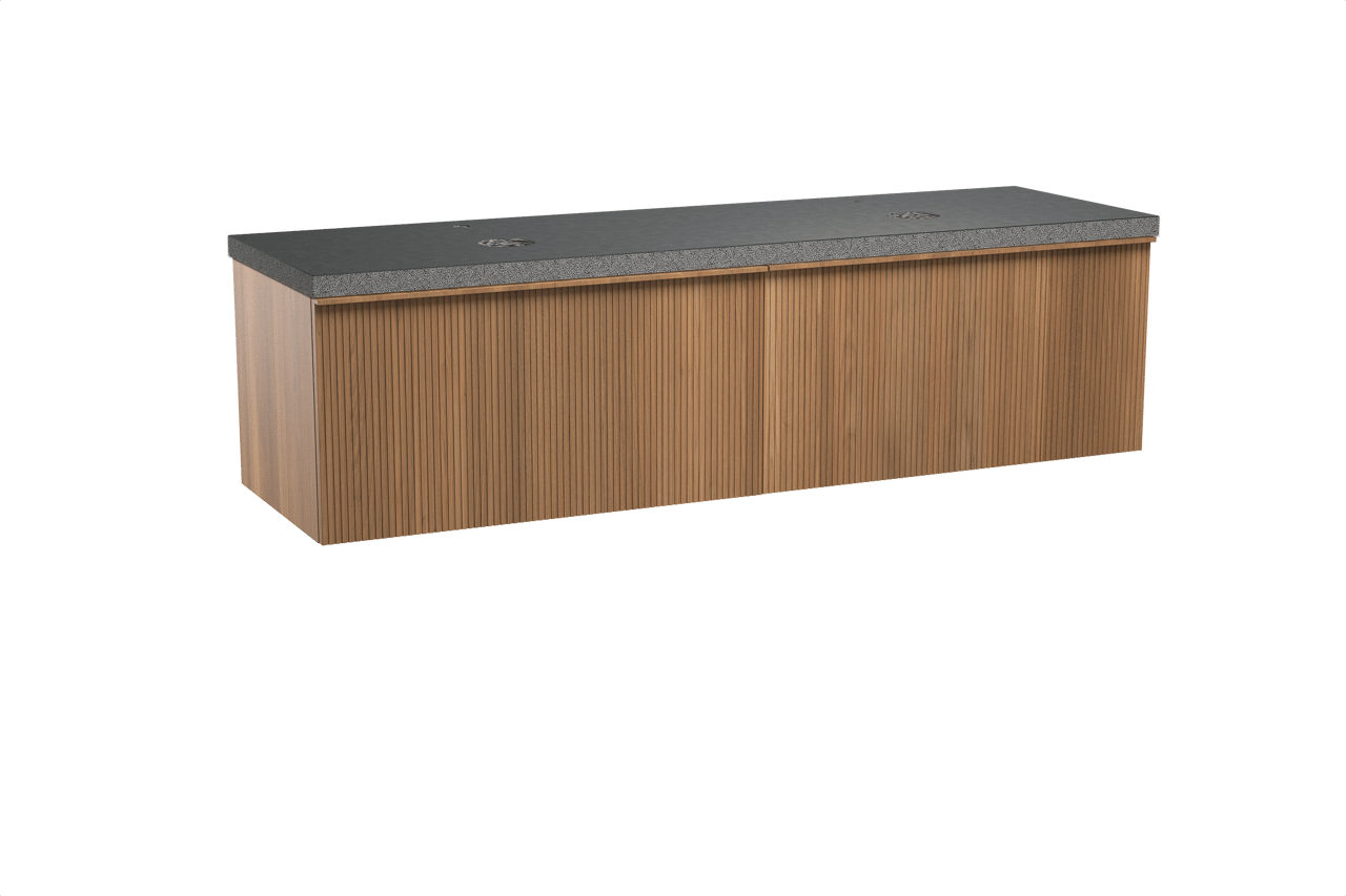 Balmani Forma hängendes Möbelstück Set: 180 x 55 cm, Teak, mit Rock Doppel Waschtischplatte, Granit, Schwarzes Granit, Vertikale symmetrische gerade Rippe