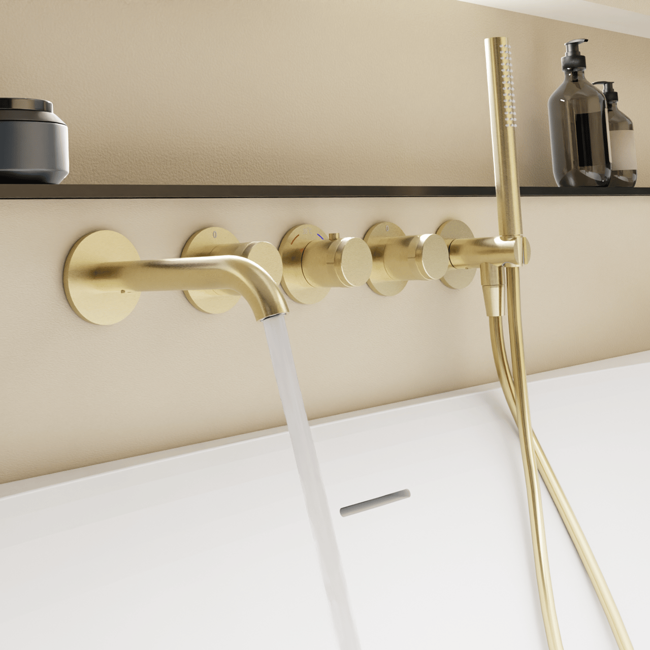 Blaufoss Pavilion Inbouw badkraan thermostatisch brushed champagne gold Incl. handdoucheset incl. inbouwelement