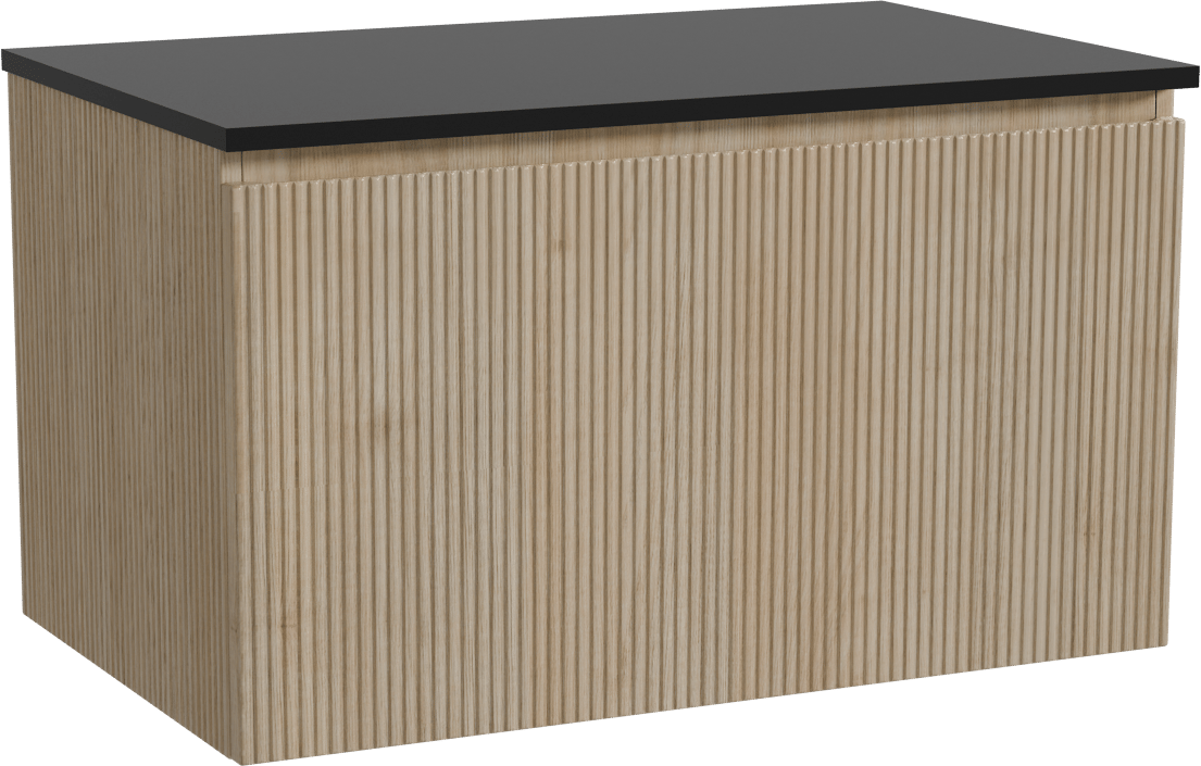 Storke Ribs zwevend badmeubel 85 x 52 cm ruw eiken met Panton enkel wastafelblad in gepoedercoate mdf mat zwart, Verticale symmetrische rechte ribbel