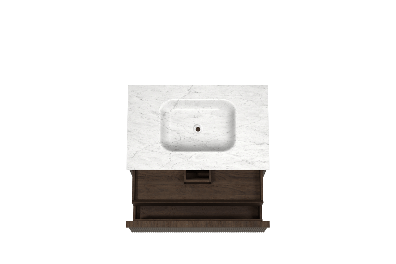 Balmani Forma hängendes Möbelstück Set: 90 x 55 cm, Geräucherte Eiche, mit Tablo Arcato Einzelwaschtisch, Marmor, Carrara, Vertikale symmetrische gerade Rippe