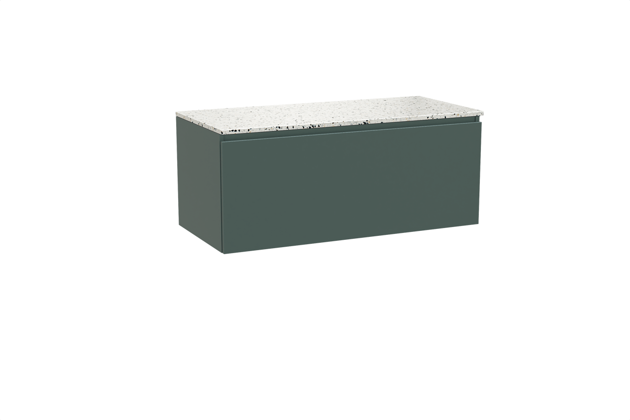 Balmani Sfera hängendes Möbelstück Set: 120 x 55 cm, Forest, mit Stretto Einzel- oder Doppel Waschtischplatte, Terrazzo in Weiß/Schwarz matt