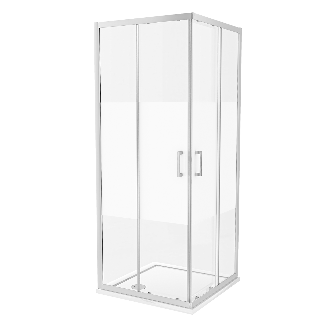 Luca Varess Vidor douchehoek met hoekinstap en 2 schuifdeuren 80 x 80 cm Helder glas met matte strook glanzend chroom profiel