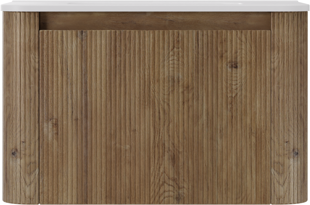 Storke Soft meuble salle de bains suspendu 80 x 46 cm chêne brut avec Kera Soft plan simple en porcelaine blanc mat, Nervure droite symétrique verticale