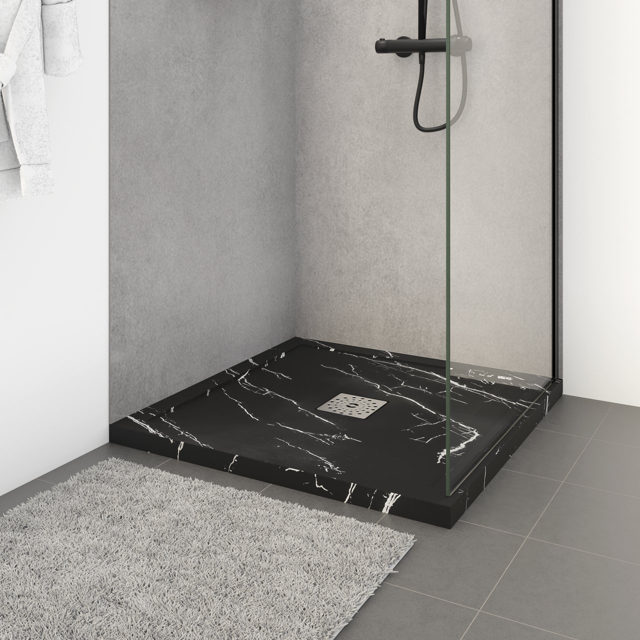 Linie Lido receveur de douche 80 x 80 cm marbre composite aspect marbre noir structure en ardoise