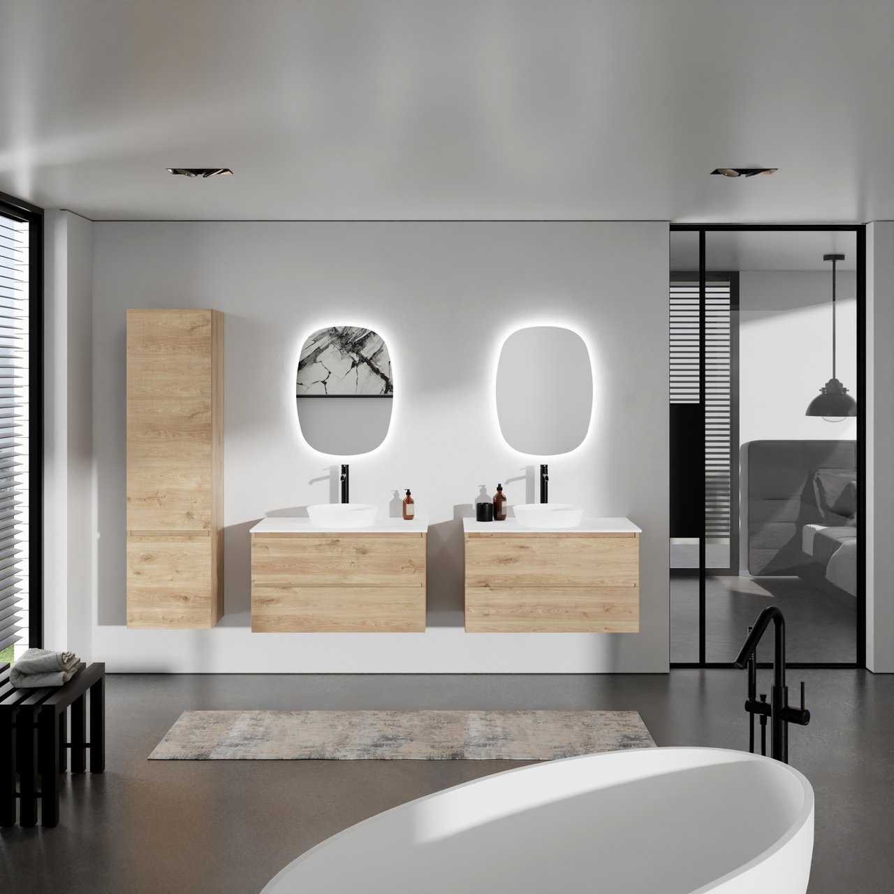 Balmani Lucida meuble salle de bains suspendu 90 x 55 cm chêne brut avec Stretto tablette simple en solid surface blanc mat