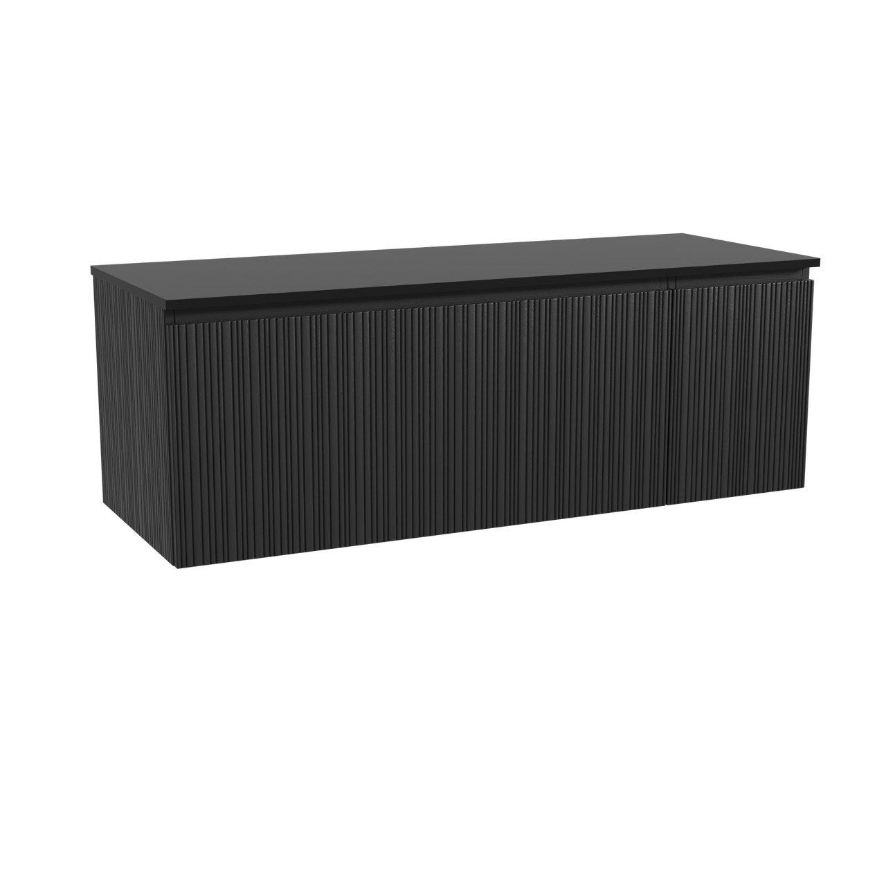 Storke Ribs zwevend badmeubel 140 x 52 cm zwart eiken met Panton enkel of dubbel wastafelblad in gepoedercoate mdf mat zwart, Verticale asymmetrische rechte ribbel