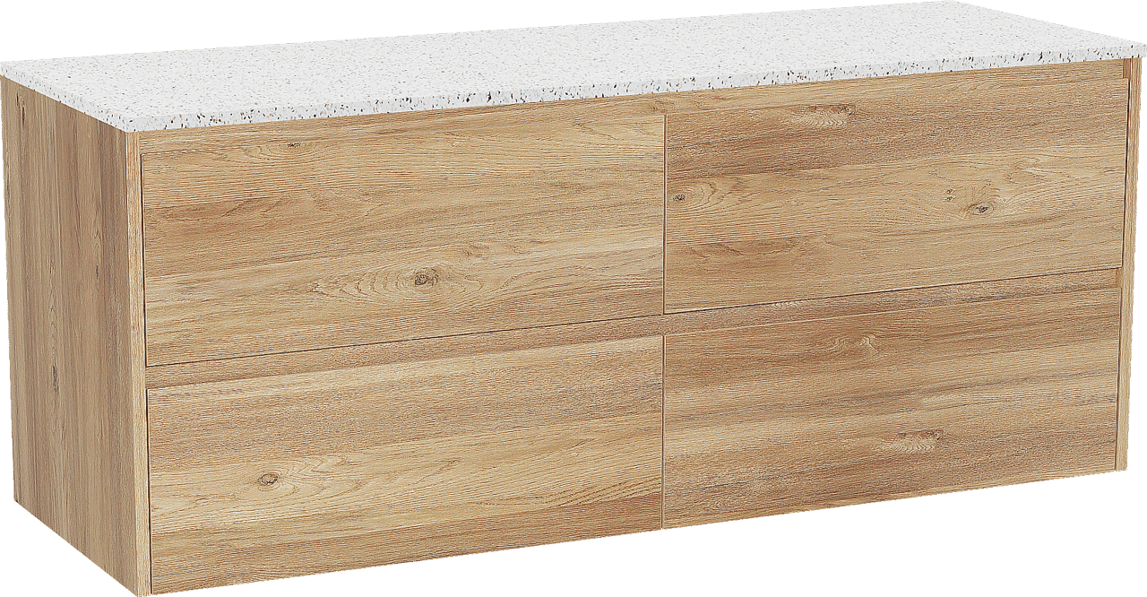 Storke Seda zwevend badmeubel 150 x 52 cm ruw eiken met Tavola enkel of dubbel wastafelblad in mat wit/zwart terrazzo