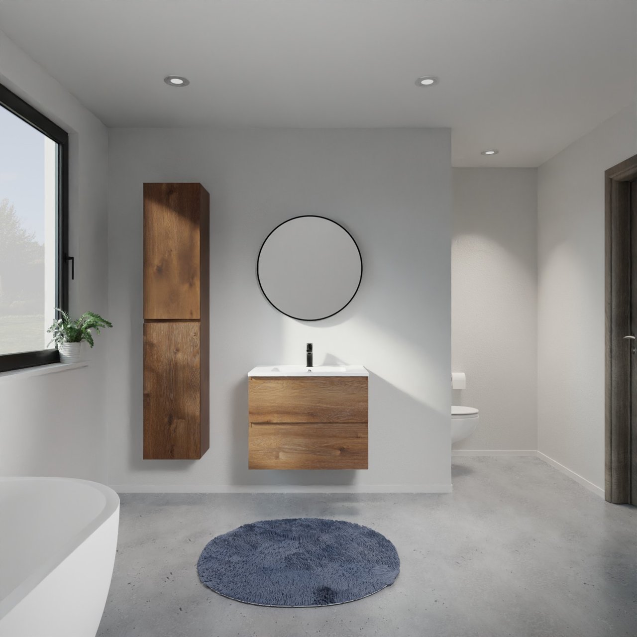 Linie Lado meuble salle de bains suspendu 70 x 46 cm chêne brun avec Vano plan simple en marbre composite blanc brillant