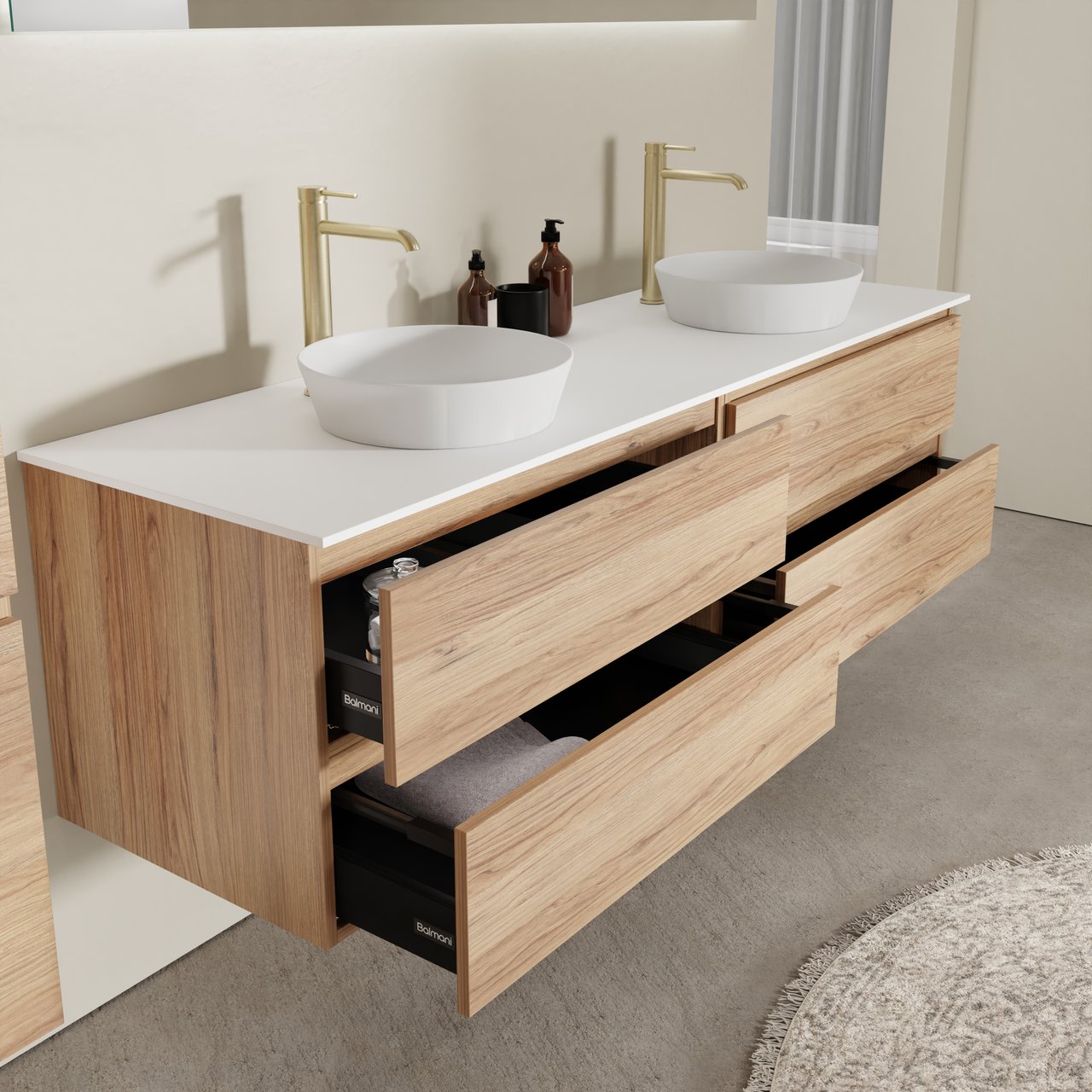 Balmani Lucida hängendes Möbelstück Set: 180 x 55 cm, Teak, mit Stretto Einzel- oder Doppel Waschtischplatte, Solid Surface Weiß matt