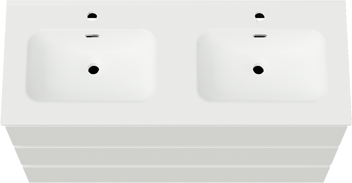 Linie Lado freistehendes Möbelstück Set: 120 x 46 cm, Weiß glänzend, mit Baro Doppelwaschtisch, Porzellan Weiß matt