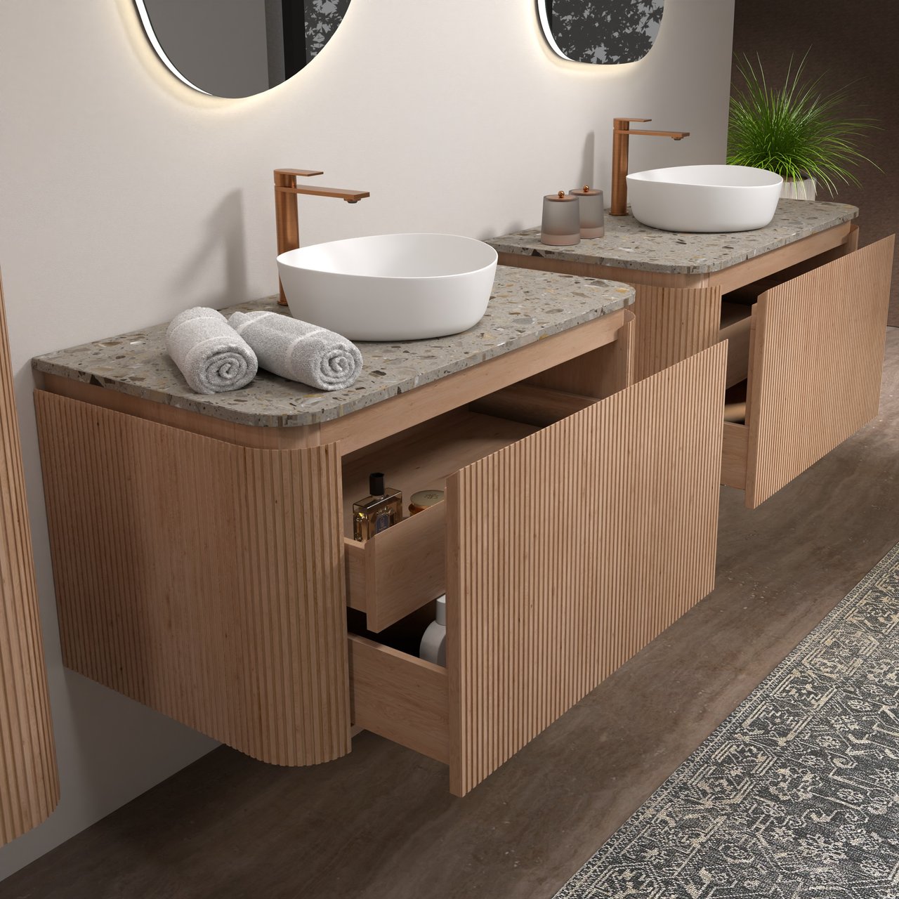 Balmani Moon meuble salle de bains suspendu 100 x 55 cm chêne naturel avec Moon tablette simple en terrazzo greige terrazzo, Nervure droite symétrique verticale