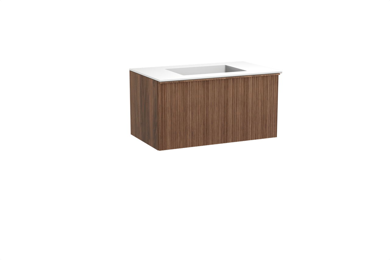 Balmani Forma zwevend badkamermeubel 90 x 55 cm amerikaanse notelaar met Tablo Stretto enkele wastafel in solid surface mat wit, Verticale asymmetrische ronde ribbel