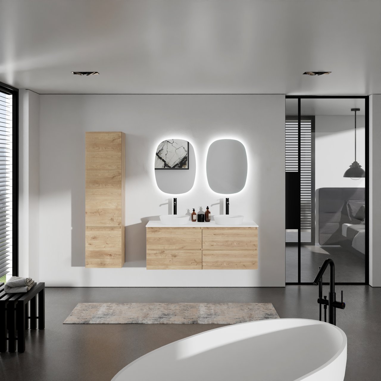 Balmani Lucida meuble salle de bains suspendu 135 x 55 cm chêne brut avec Stretto tablette simple ou double en solid surface blanc mat